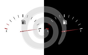 Fuel indicators gas meter. Gauge vector tank full icon. Car dial petrol gasoline dashboard on black and white background