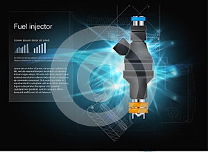 Fuel injector. Vector illustration. Tires. Vector illustration. Template of automobile infographics. Hud style.