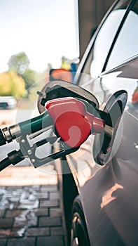 Fuel nozzle pumps petrol into car tank, refueling concept