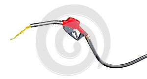 Fuel nozzle with spilling gasoline on white background photo