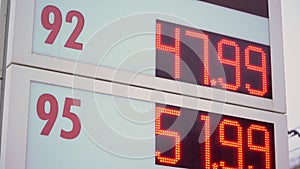 Fuel prices. High prices for 92 and 95 gasoline. Red LED displays at gas station