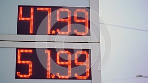 Fuel prices. High prices for 92 and 95 gasoline. Red LED displays at gas station