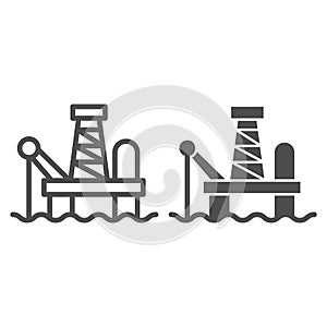 Fuel production line and solid icon. Oil tower at sea, extraction gas process. Oil industry vector design concept