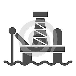 Fuel production solid icon. Oil tower at sea, extraction gas process. Oil industry vector design concept, glyph style