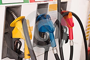 Fuel Pump, Gas Station, Gasoline.Colorful Petrol pump filling nozzles