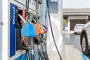 Fuel Pump, Gas Station, Gasoline. Colorful Petrol pump filling nozzles isolated on white background , Gas station in a service in