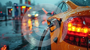 Fuel pump nozzle in a car\'s fuel tank at gas station at night