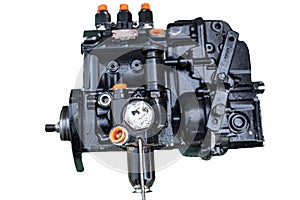 The fuel pump parts of a tractor engine are isolated on a white background with copy space