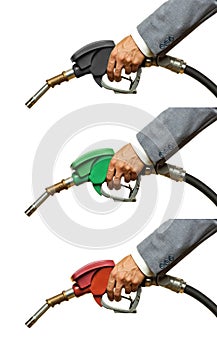 Fuel pumps with hands collage isolated on white