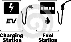 Fuel station for charging electrical vehicles and gasoline/diesel. Vector Illustration.
