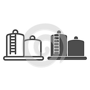 Fuel storage line and solid icon. Tank farm with liquid. Oil industry vector design concept, outline style pictogram on