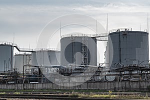 Fuel storage tanks. Capacities at the modern industrial enterprise. Industrial scene photo