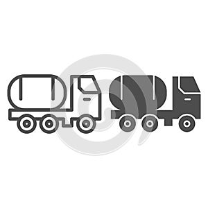 Fuel tank on truck line and solid icon. Chemical freight transport. Oil industry vector design concept, outline style