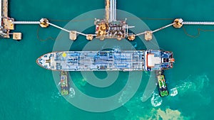 Fuel tanker ship loading in port view from above, Tanker ship logistic import export business and transportation, Aerial view