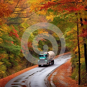 Fuel Tanker Truck on Winding Road through Autumn Forest