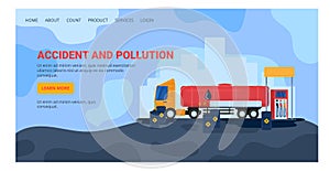 Fuel truck accident at gas station with oil spill. Environmental hazard with chemical leakage. Industrial disaster theme