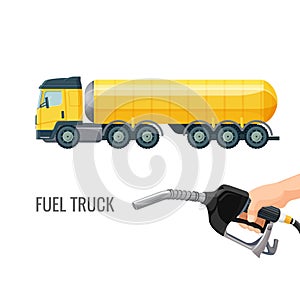 Fuel truck and hand holding classic nozzle pumping