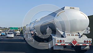 Fuel truck on highway under blue sky