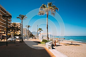 Fuengirola, Spain. View Of Embankment With Beach And Street In Sunny Summer Day