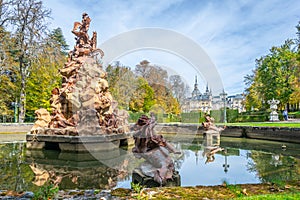 Fuente de la fama fountain in garden of la Granja de San Ildefonso in Spain photo