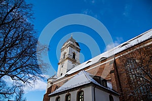 Fuerstenwalde, Brandenburg, Germany - January 30, 2021 Roof and facade of St. Mary's Cathedral