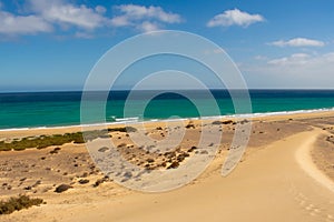 Fuerteventura, Canary Islands, Spain. Beautiful landscape of mountains, beach and coast of Atlantic Ocean