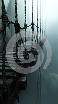 Fugitive navigating a precarious wooden bridge shrouded in fog over a deep chasm at dusk photo
