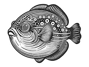 Fugu fish engraving sketch raster illustration