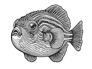 Fugu fish engraving sketch raster illustration