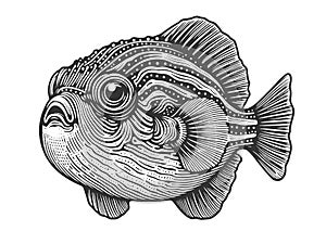 Fugu fish engraving sketch vector illustration