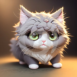 Fugure of tiny cute fluffy serious cat with big smart eyes, AI generated