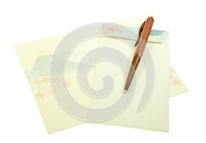 Fuji Mount pattern on letter paper and envelope with wood pen on