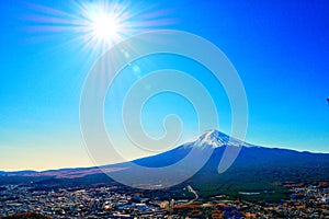 Fuji Mountain autumn sun blue sky