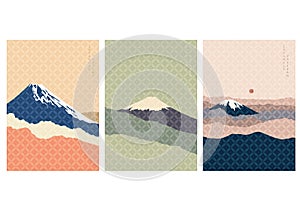 Fuji mountain background with Japanese pattern vector. Landscape template in vintage. Famous landmark in Japan.