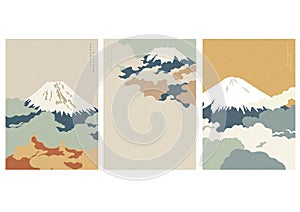 Fuji mountain background with Japanese wave pattern vector. Cloud template