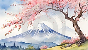 Fuji mountain with blooming cherry trees ins pring watercolor painted style