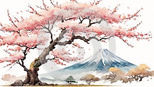 Fuji mountain with blooming cherry trees ins pring watercolor painted style