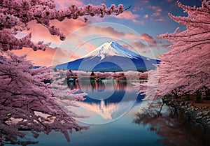 Fuji Mountain And Cherry Blossoms In Spring