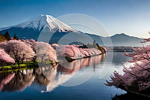 Fuji Mountain And Cherry Blossoms In Spring, Japan. Generative AI