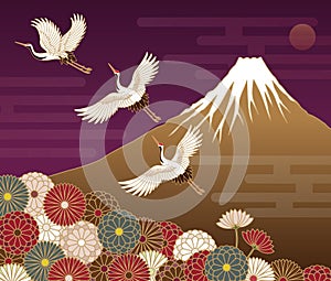 Fuji mountain, Cranes and Chrysanthemum flowers