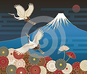 Fuji mountain, Cranes and Chrysanthemum flowers