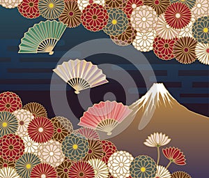 Fuji mountain, Hand-fan and Chrysanthemum flowers