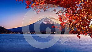 Fuji mountain and Kawaguchiko lake at snset, Autumn seasons Fuji mountain at yamanachi in Japan