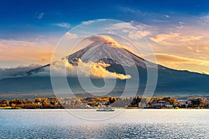 Fuji mountain and Kawaguchiko lake at sunset, Autumn seasons Fuji mountain at yamanachi in Japan