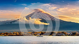 Fuji mountain and Kawaguchiko lake at sunset, Autumn seasons Fuji mountain at yamanachi in Japan