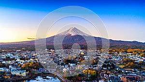 Fuji mountain and Kawaguchiko lake at sunset, Autumn seasons Fuji mountain at yamanachi in Japan