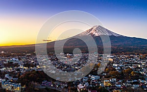 Fuji mountain and Kawaguchiko lake at sunset, Autumn seasons Fuji mountain at yamanachi in Japan