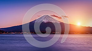 Fuji mountain and Kawaguchiko lake at sunset, Autumn seasons Fuji mountain at yamanachi in Japan