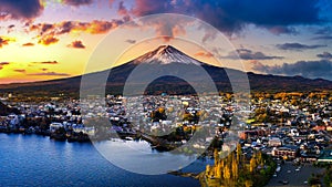 Fuji mountain and Kawaguchiko lake at sunset, Autumn seasons Fuji mountain at yamanachi in Japan