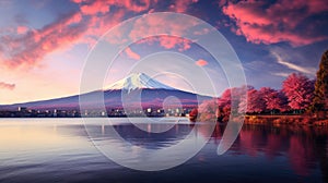 Fuji mountain and Kawaguchiko lake at sunset, Autumn seasons Fuji mountain at yamanachi in Japan